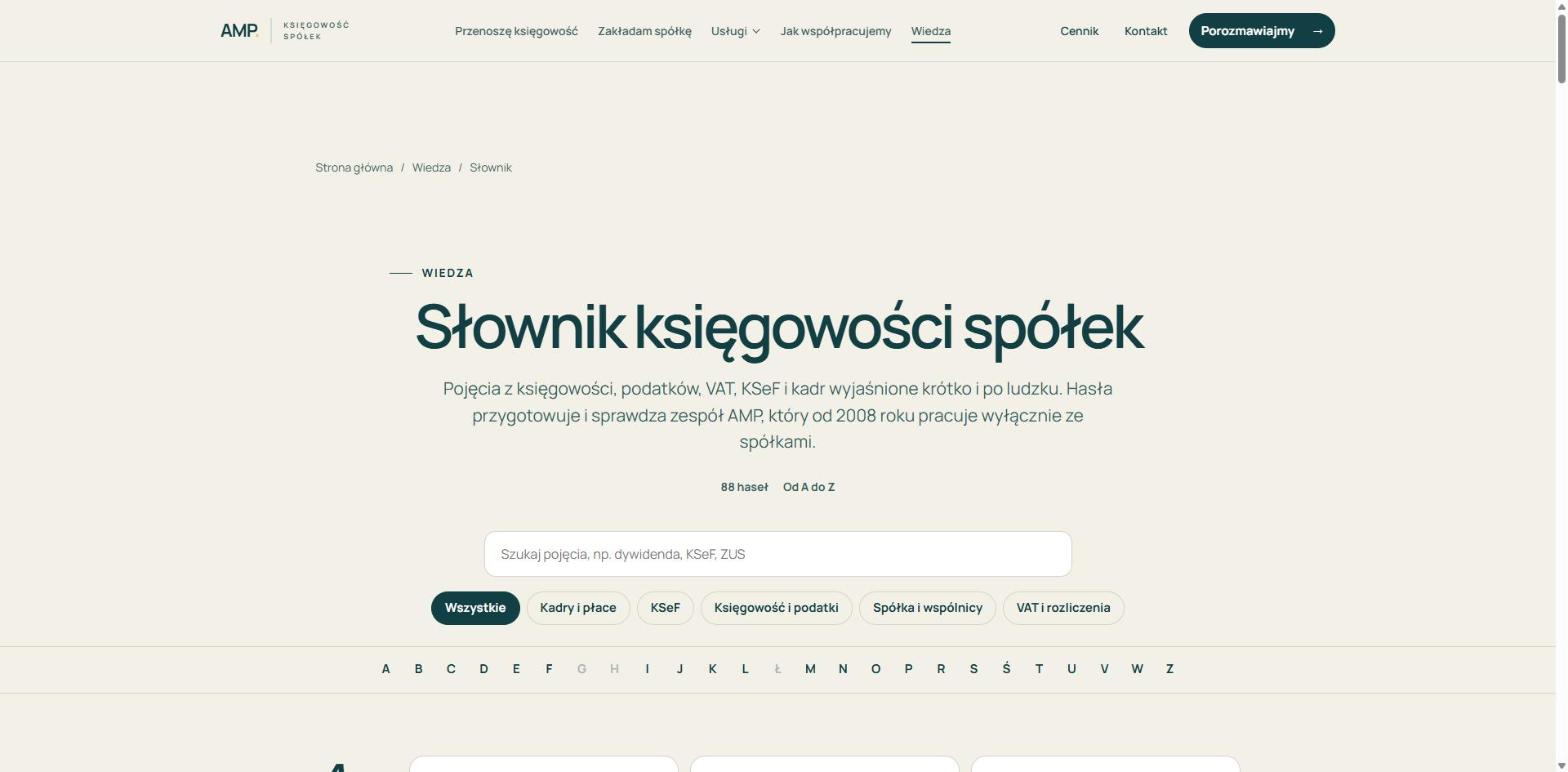 Słownik księgowości spółek na stronie AMP Consulting: wyszukiwarka, filtry tematów i indeks A-Z