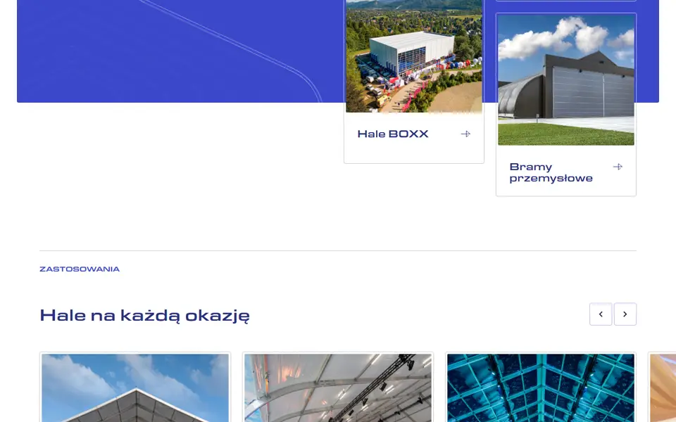 Strona Rekord Hale: grupy produktów i sekcja „Hale na każdą okazję” prowadząca do zastosowań