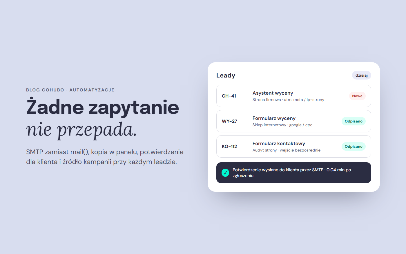 Panel zapytań ze strony: każde zgłoszenie z numerem, źródłem i statusem