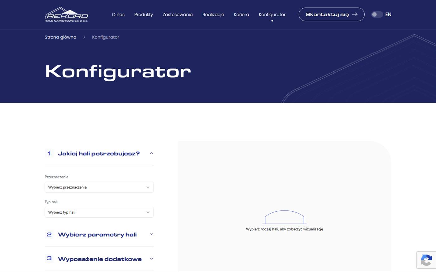 Konfigurator 3D na stronie Rekord Hale: wybór przeznaczenia, typu hali i parametrów