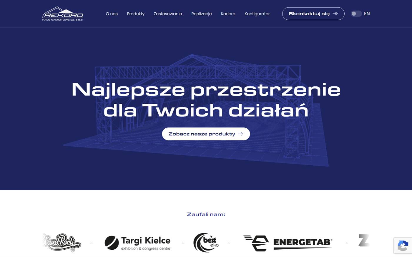Nowa strona Rekord Hale: krótkie menu i obietnica na pierwszym ekranie